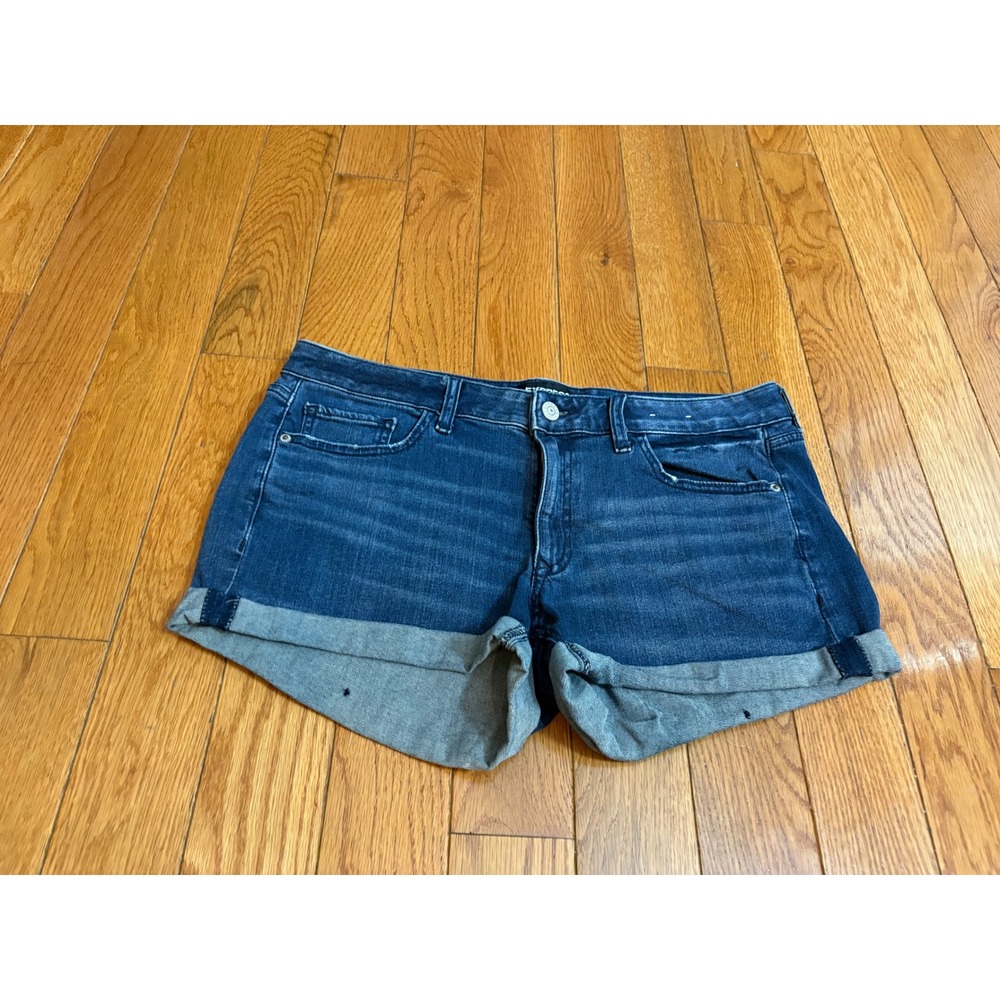 Express Stretch+ Performance Shortie Relaxed Low Rise Denim Shorts Dark Wash 12